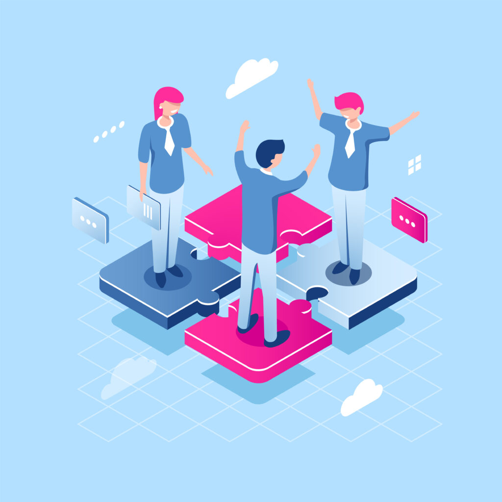 teamwork puzzle concept, abstract team isometric business icon, collaborate of people, achievement of common goal, happy girl and young man manager, flat vector illustration blue